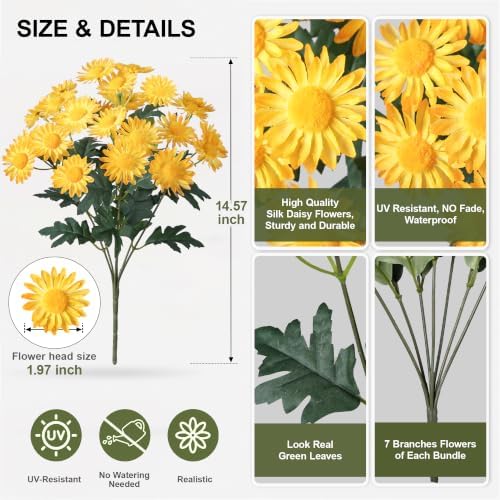 HyeFlora Artificial Fall Faux Mums Flowers Outdoor Plants for Decoration, 6 Bundles Fake Silk Yellow Gerbera Daisy Flowers UV Resistant Look Real for Planter Outside Front Door Porch Patio Balcony - Image 2