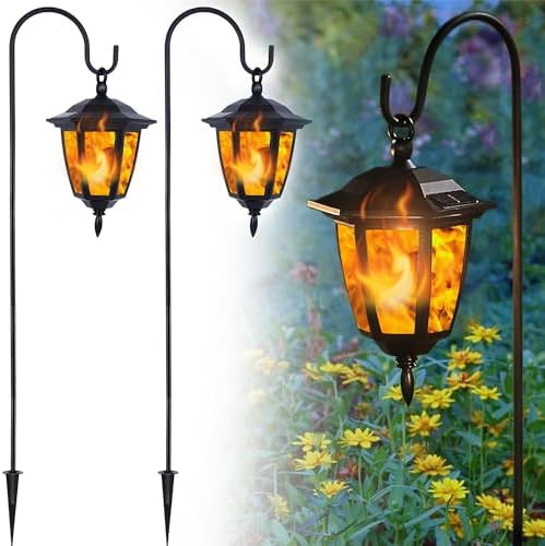Dynaming 2 Pack Solar Flame Hanging Lights Outdoor, Halloween Solar Flickering Flame LED Garden Lanterns with 2 x 38 Inch Shepherd Hooks, Christmas Lighting for Lawn Patio Yard Pathway Driveway by Dynaming