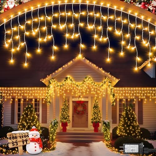 Christmas Lights Outdoor, 53 FT 486 LED Christmas Light for Outside, Timer & Memory, Plug in 8 Modes Hanging Fairy Light with 108 Drops for House Eaves Yard Patio Holidays Decorations, Warm White by JIXXULVU