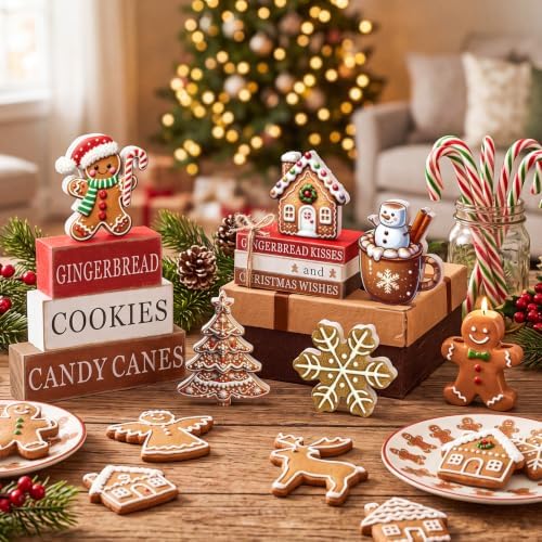Vercraft 11 Pcs Christmas Gingerbread Table Decorations Farmhouse Wooden Tiered Tray Signs Gingerbread Man Figurine Candy Cane Blocks for Home Winter Christmas Holiday Decor - Image 3