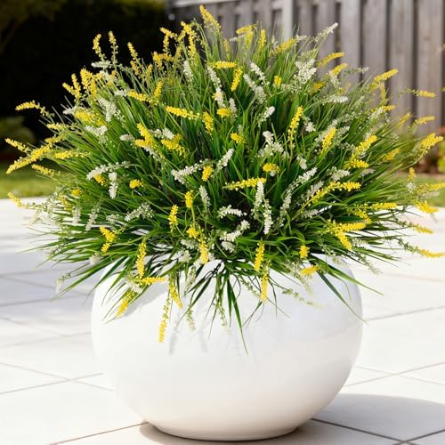 Ammyoo Artificial Faux Plants for Outdoor Spring Decoration, 12 Pcs Fake Monkey Grass for Garden Porch Balcony Planters, Fake Flowers Shrubs UV Resistant No Fade Plants Greenery Bush(Yellow White) by Ammyoo