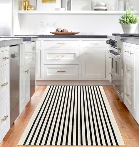 IOHOUZE 4x6 Striped Outdoor Rug, Washable Front Porch, Black Beige - Image 2
