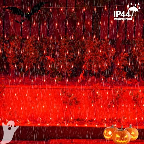 YEGUO Halloween Net Lights Outdoor Mesh Lights, 12ft x 5ft 360 LED Red Christmas Light Outdoor Waterproof, 8 Modes Connectable Clear Wire Halloween Bush Light Plug in - Image 6