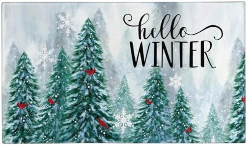 Hello Winter Door Mat Outdoor for Front Door,Pine Trees Snowy Forest Red Cardinal Birds Welcome Doormat,Christmas Holiday Welcome Floor Rug Entryway for Porch Farmhouse Decor 30" x 17" by Xsinufn