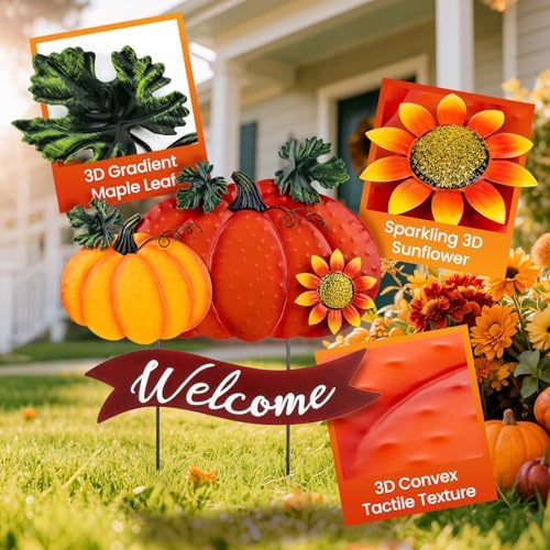 Fall Decorations for Home Outdoor - 21.2" Metal Pumpkin Yard Stakes with 2-Pumpkin Welcome Sign & Glitter Sunflower - Decorative Garden Stakes for Outside Garden Yard Lawn Patio Porch Decor - Image 2
