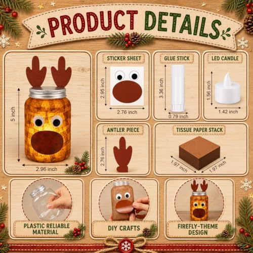 Qinyoung 12 Pcs Christmas Crafts Reindeer Mason Jars Crafts with LED Candle Light DIY Suncatchers Decoration Make Your Own Xmas Reindeer Mason Jars Tissue Paper Supply for Christmas Projects Activity - Image 2