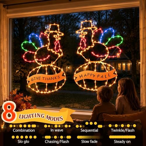 2 Pcs Large Thanksgiving Window Lights Turkey Decorations, Fall Decor Window Lights, LED Turkey Pumpkin Light 2026 Thanksgiving Decor with Timer & 8 Mode & Battery Operated(Yellow Red,23") - Image 3