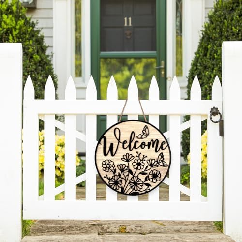 JarThenaAMCS 3D Black Flower Welcome Door Sign Spring Wild Floral Wooden Hanging Sign Rustic Round Door Hanger for Indoor Outdoor Farmhouse Home Porch Window Wall Decor, 12 Inch - Image 4