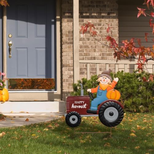 Glitzhome Fall Outdoor Decorations, 30"H Fall Scarecrow Tractor Yard Stake Decor, Happy Harvest Thanksgiving Outdoor Decorations,Metal Tractor Pumpkin Sign Decoration for Lawn Pathway Front Door Porch - Image 4