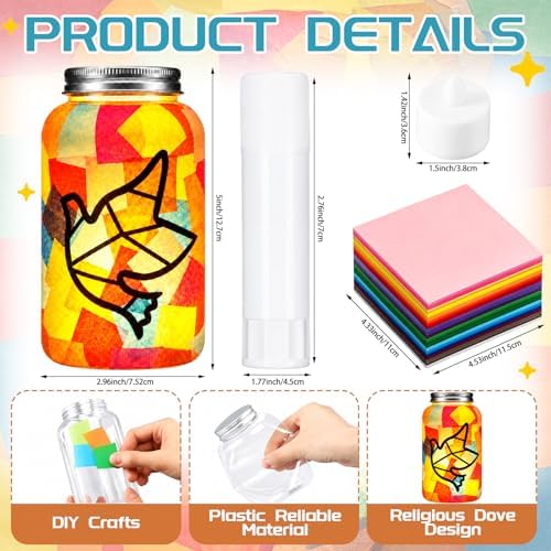 Qinyoung 12 Pcs Religion Dove Crafts Mason Jars Tissue Paper Crafts with LED Candle Light DIY Suncatchers Decoration Make Your Own VBS Mason Jars Supplies for Sunday School Projects Activity - Image 2