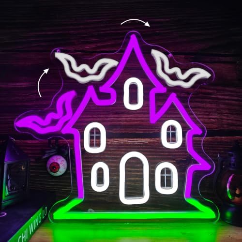 Haunted House with Flying Bat Halloween Neon Sign Dimmable Led Wall Decor by Geeinar