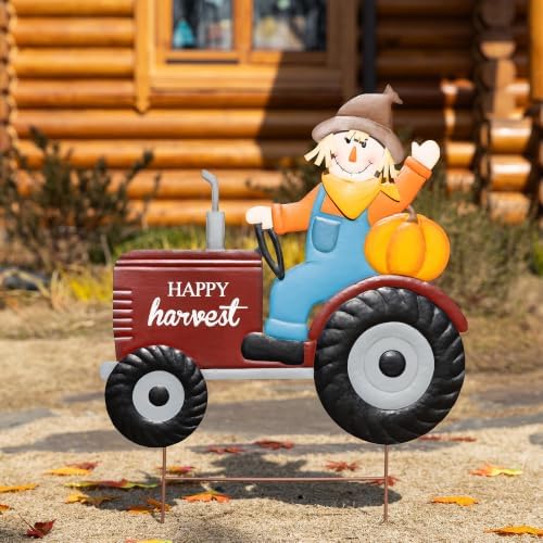 Glitzhome Fall Outdoor Decorations, 30"H Fall Scarecrow Tractor Yard Stake Decor, Happy Harvest Thanksgiving Outdoor Decorations,Metal Tractor Pumpkin Sign Decoration for Lawn Pathway Front Door Porch - Image 3