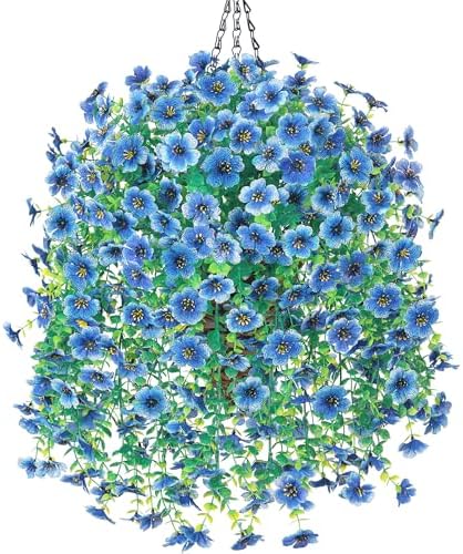 HyeFlora Artificial Hanging Flowers Basket for Outdoor, Fake Flowers Faux Plants Look Real for Yard Gardens Porch Patio Home (Blue) by HyeFloraartificialflowers