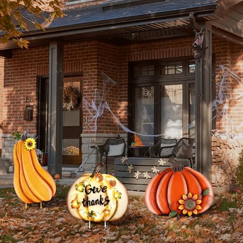 Fovths 42.3 Inch 3 Pieces Thanksgiving Metal Fall Pumpkins Garden Yard Sign, Giant LED Metal Thanksgiving Pumpkin Yard Sign Stakes, Waterproof Fall Harvest Pumpkin for Outdoor Lawn Decor - Image 6