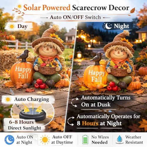 Fall Decorations for Home Outdoor Solar Lighted Fall Scarecrow Decor Thanksgiving Outdoor Decorations for Porch Garden Yard Patio Entryway, Lighted Pumpkin Decor Fall Garden Statue - Image 3
