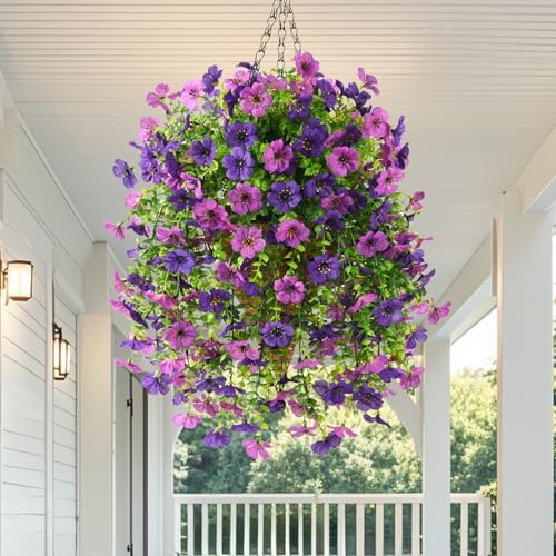 INQCMY Artificial Hanging Flowers with Basket for Spring Outdoor Decoration 3 Bunches of Silk Daisy Flower Uv Resistant for Garden Porch Patio Balcony Yard Decor (Purple1) - Image 4