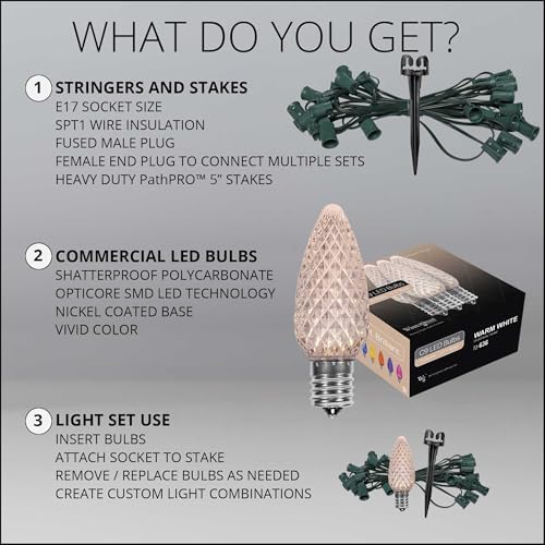Wintergreen Lighting OptiCore LED C9 Green Christmas Pathway Lights, Heavy Duty Bulbs for Driveway, Walkway Marker, 5" Commercial PathPRO Stakes, 18 Gauge Plug-in Green Wire, 100 Lights, 100 ft - Image 6