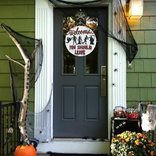 Halloween Horror Welcome Sign for Front Door, Welcome You Should Leave Sign, Horror Movie Characters Door Hanger, Halloween Door Sign Scary Halloween Decorations Wreath for Farmhouse Porch Wall Decor - Image 4