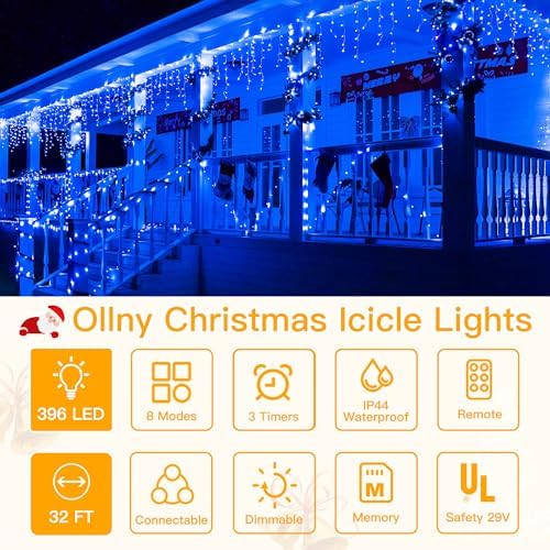Ollny Icicle Lights for Outside 400LED 32FT, Blue Christmas Light with Remote 8Modes Timers Waterproof, Plug in Connectable Hanging Lights for Outdoor Indoor House Roof Holiday - Image 2