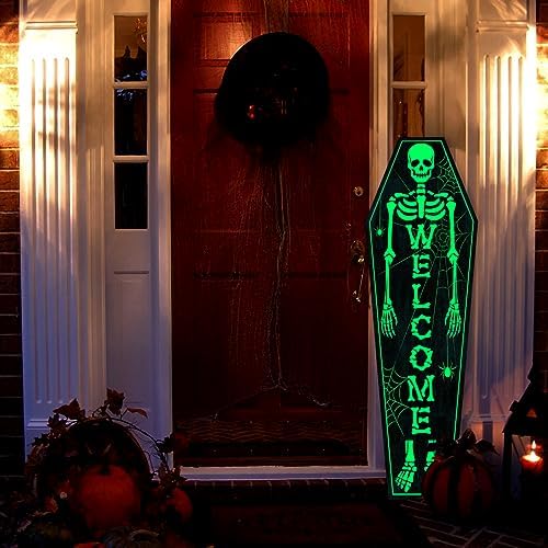 Halloween Decorations Outdoor Glow in the Dark: Large Scary Coffin Skeleton Welcome Sign Front Porch with Spider and Spiderwebs 3Pcs, Splicable Halloween Door Decorations for Home Wall Front Door - Image 4