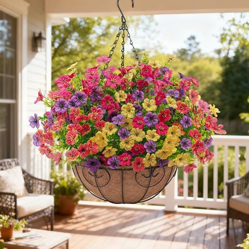 Artificial Faux Hanging Flowers Plants Basket for Outdoors Outside Spring Summer Decoration,Hanging Planters with Silk Fake Flowers Realistic UV Resistant Balcony Porch Garden Patio Home(4 Multicolor) - Image 2