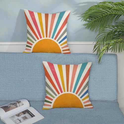 Summer Pillow Covers 22x22 Set of 2 Colorful Stripes Yellow Sunshine Outdoor Throw Pillows Boho Rainbow Sun Decorative Pillowcase Linen Modern Farmhouse Cushion Case for Home Bedroom Decor - Image 4