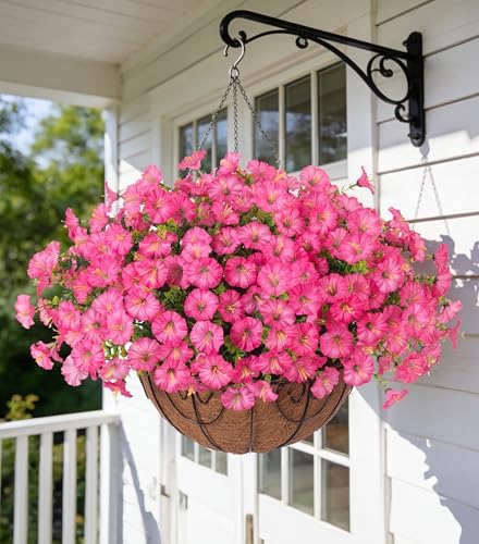 Ivydale Artificial Faux Hanging Plants Flowers Basket for Outdoors Outside Fall Decoration, Silk Pink Morning Glory in Planter UV Resistant Look Real Fake Flowers for Porch Patio Balcony Home Yard by Ivydale