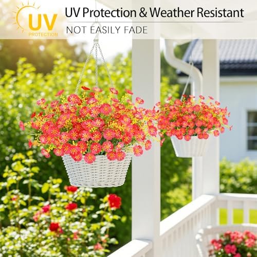 12 Bundles Artificial Flowers Outdoor UV Resistant Faux Plants (Rose Red) - Image 2