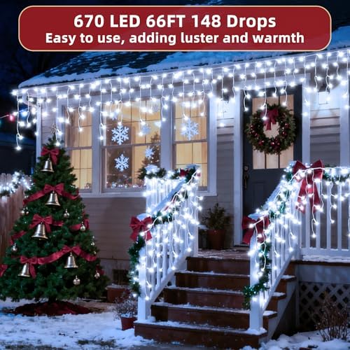 670 LED 66ft Christmas Lights with 148 Drops, 12 Lighting Modes Cool White Christmas Decoration Twinkling Lights Dimmable, Timer Outdoor Waterproof Fairy Lights for Indoor Garden House Eaves Roof - Image 2