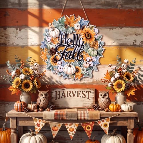 Yalikop Hello Fall Door Sign Wreath Wooden Fall Autumn Decor Sign 3D Hollow Maple Leaf Pumpkin Front Door Hanger Wall Decor for Thanksgiving Harvest Porch Indoor Outdoor Home Decorations - Image 3