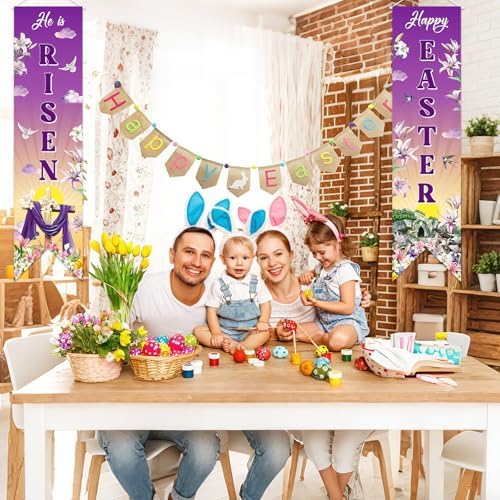 Easter Door Banner Set of 2, He Is Risen Banner Sign, Happy Easter Religious Porch Banner Decoration, Banners Decor for Front Door Porch Wall Yard Party Supplies Indoor Outdoor Decoration (Purple) - Image 7