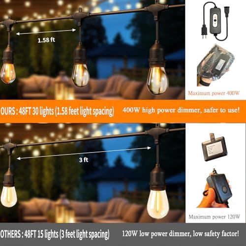 50FT Outdoor String Lights Waterproof with 30+2 Bulbs (1.5FT Bulbs Spacing), Remote & Dimmer, Commercial Grade Patio Lights with 3 Mode Light & Timing,100PC Ties for Outside - Image 3