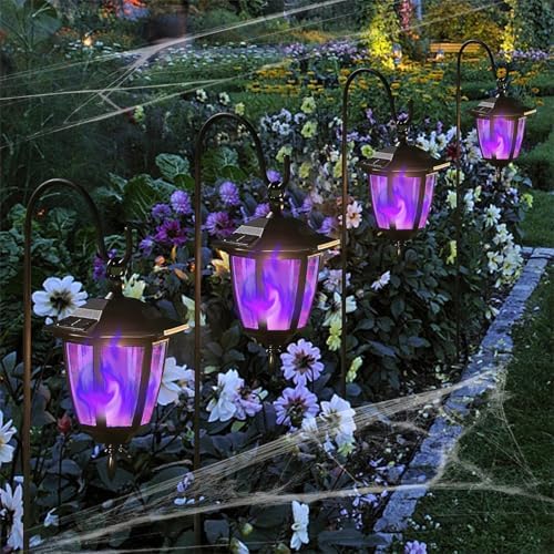 Dynaming 6 Pack Solar Halloween Flame Hanging Lights Outdoor, Flickering Flame LED Garden Lanterns with 4x38 Inch Shepherd Hooks, Landscape Lighting Waterproof for Lawn Yard Pathway Driveway, Purple - Image 6