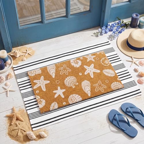 Duraaamo 2 Pcs Beach Door Mats Outdoor 16'' x 28'' Coastal Seashell Starfish Doormat 24'' x 35'' Non Slip Nautical Black White Stripe Outdoor Rug for Entrance Indoor Entryway Beach Lake House Decor - Image 2