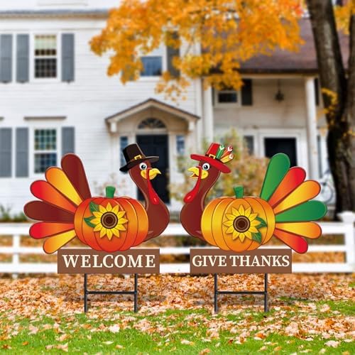 JarThenaAMCS 2 Pack Thanksgiving Fall Metal Garden Stakes Decorations Turkey Pumpkin Welcome Yard Sign for Autumn Harvest Outdoor Lawn Patio Walkway - Image 5
