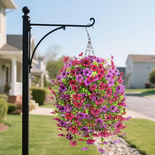 INQCMY Artificial Hanging Flowers with Basket for Spring Outdoor Decoration 3 Bunches of Silk Daisy Flower Uv Resistant for Garden Porch Patio Balcony Yard Decor (Purple Red) - Image 6