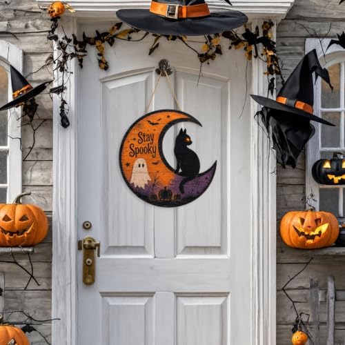 Halloween Door Sign Wooden Hanging Plaque Cat Moon Front Door Porch Decor - Image 4