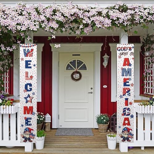 doginthehole 4th of July Decorations 2pcs Hanging American Flag Banners Porch Sign, 12"x71" Patriotic Decorations Banners for Memorial Day Veterans Day by doginthehole