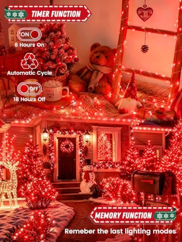 2 Pack 100 LED Fairy Lights Battery Operated with Remote Timer, 33 FT Red - Image 3