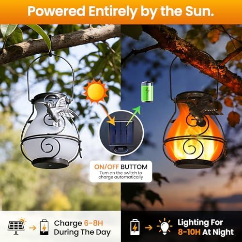 2 Pack Solar Lanterns Outdoor Waterproof , Metal Hummingbird Flickering Flame Solar Lights, Hanging Decorative Lantern for Patio Garden Porch, Gifts for Women, Mom - Image 5
