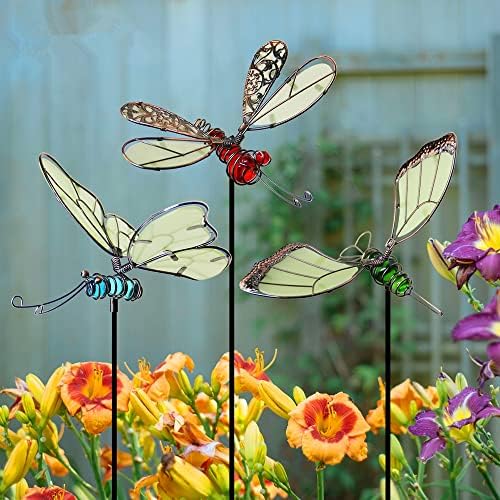 Juegoal 20 Inch Butterfly Garden Stakes Decor, Dragonfly Stakes, Hummingbird Glow in Dark Metal Yard Art for Mom, Mothers Day Ideal Gifts, Indoor Outdoor Lawn Pathway Patio Ornaments, Set of 3 by Juegoal