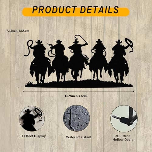 Black Metal Cowboy Wall Art, 3D Western Decor for Living Room, Rustic - Image 3