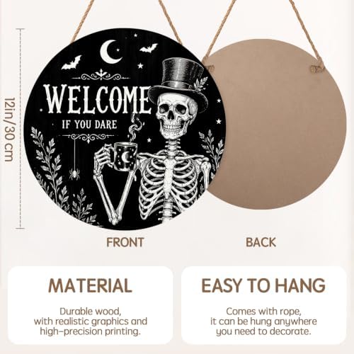 Halloween Welcome Sign for Front Door Decorations Cute Halloween Hanging Sign Home Decor Outdoor Indoor Skull Skeleton Wreath Wooden Hanger Sign for Outside Porch Wall Decorations 12"X12" - Image 2