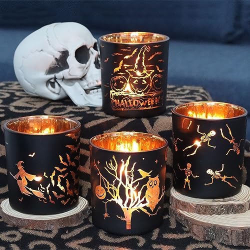 SHMILMH Halloween Glass Candle Holders Set of 4, Votive Tealight Holder Candle Jar for Making Candle, Halloween Office Kitchen Mantel Table Centerpiece Decoration - Image 2