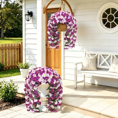 Artificial Hanging Flowers for Outdoors, 2 PCS 272 Blooms UV Resistant Morning Glory Faux Silk Vines, No-Odor Realistic Fake Plants for Garden Planter Porch Patio Decoration, Lotus Lightpurple - Image 6