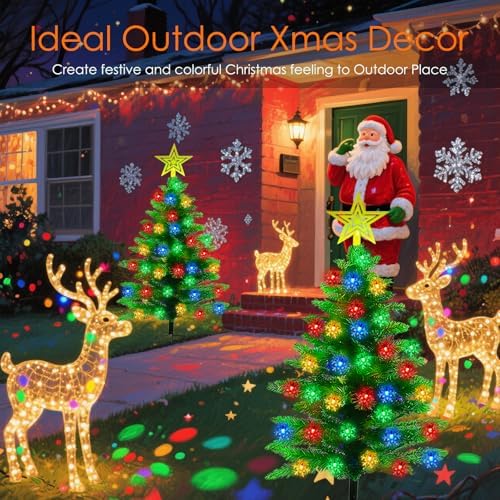2 Pack 3.6Ft Solar Christmas Tree with 100 Snowflake Lights, Waterproof Christmas Decorations Outdoor, Solar Christmas Lights Outdoor Xmas Tree for Yard, Pathway, Porch, Cemetery, Holiday Decor - Image 3