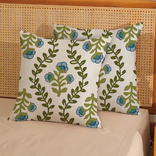 Sage Green Boho Pillow Covers 22x22 Inch 2 Pcs Blue Green Floral Leaves Decor Throw Pillows Vintage Flower Seasonal Spring Summer Outdoor Farmhouse Pillowcase Linen Cushion Cover for Couch Sofa - Image 2