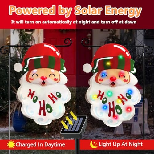 3D Lighted Christmas Garden Flag, Solar Powered LED Outdoor Santa Claus Winter Holiday Yard Flag, Double Side HoHoHo Xmas Flag for Patio Lawn, Home Porch 12×18 Inch - Image 4