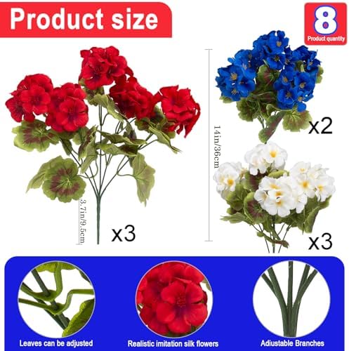 lovemoon 16 Pcs Artificial Geraniums Realistic Silk Patriotic Flowers, Red White Blue Faux Geranium Flowers for Outdoor Home 4th of July Office Decoration(16, Red White Blue) - Image 2