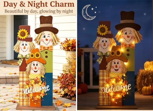 3 PCS Fall Scarecrow Welcome Sign with LED Lights,36" Wooden Thanksgiving Porch Vertical Sign,Rustic Autumn Outdoor Decor for Front Door,Patio,Garden - Image 2